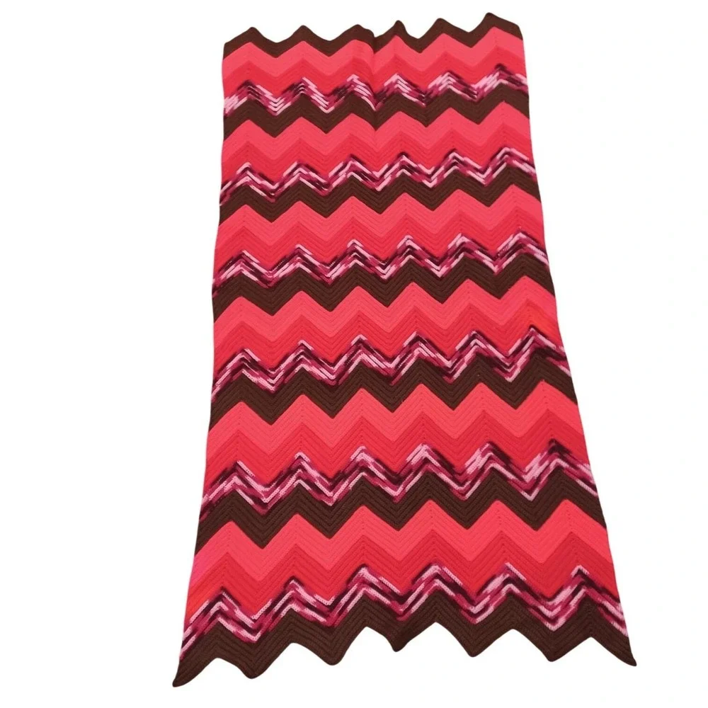 Handmade Crochet‎ Blanket Throw Zig Zag Chevron Red Pink Brown 38x76